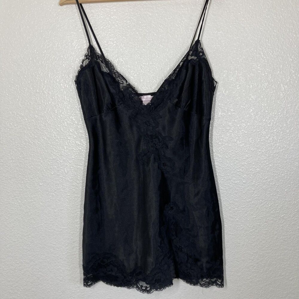 Victoria's Secret Chemise Nightgown Y2K Small Black Satin Lace Sleep Slip